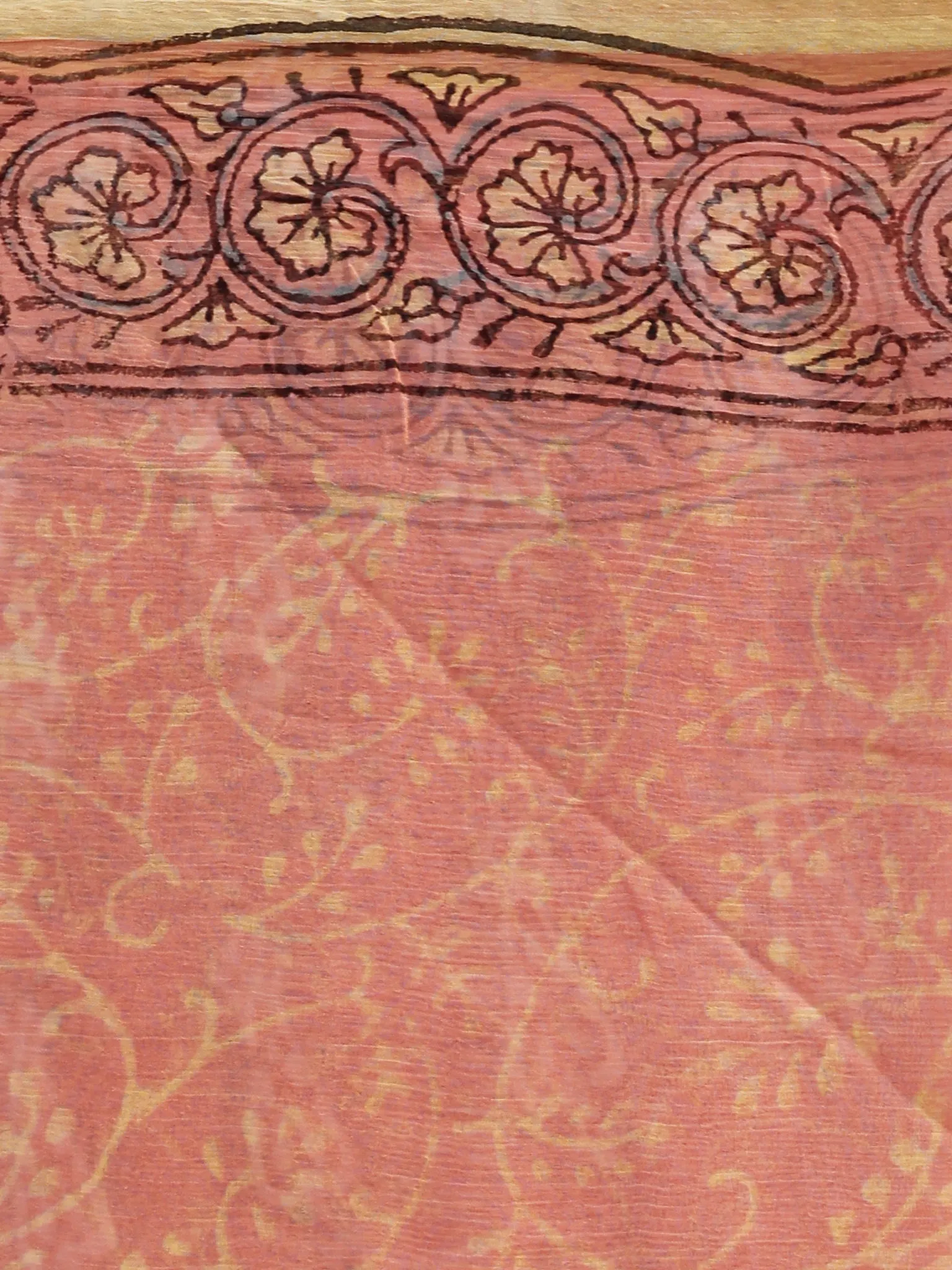 Peach Green  Hand Block Printed Chiffon Saree with Zari border- S031702727