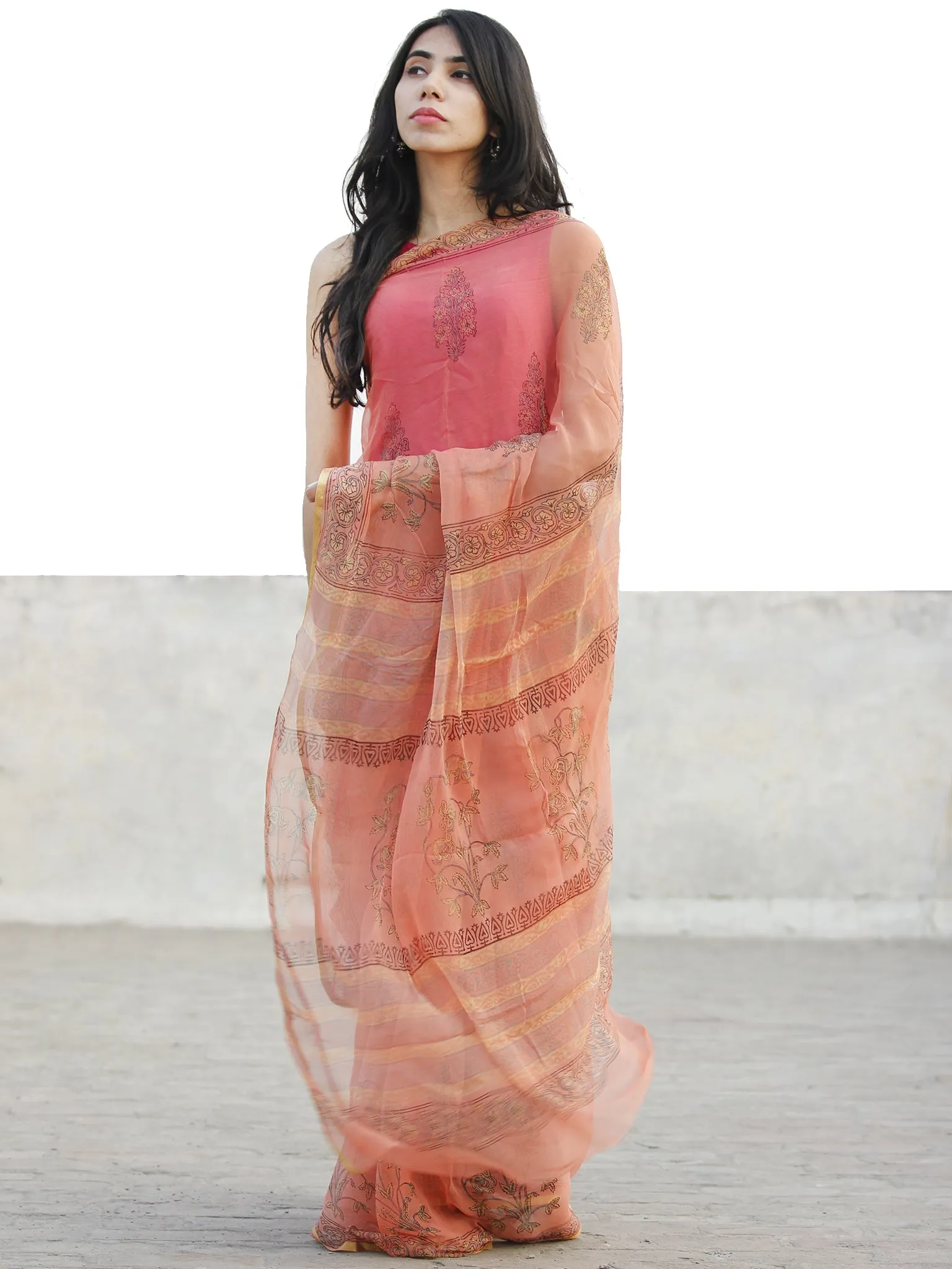 Peach Green  Hand Block Printed Chiffon Saree with Zari border- S031702727