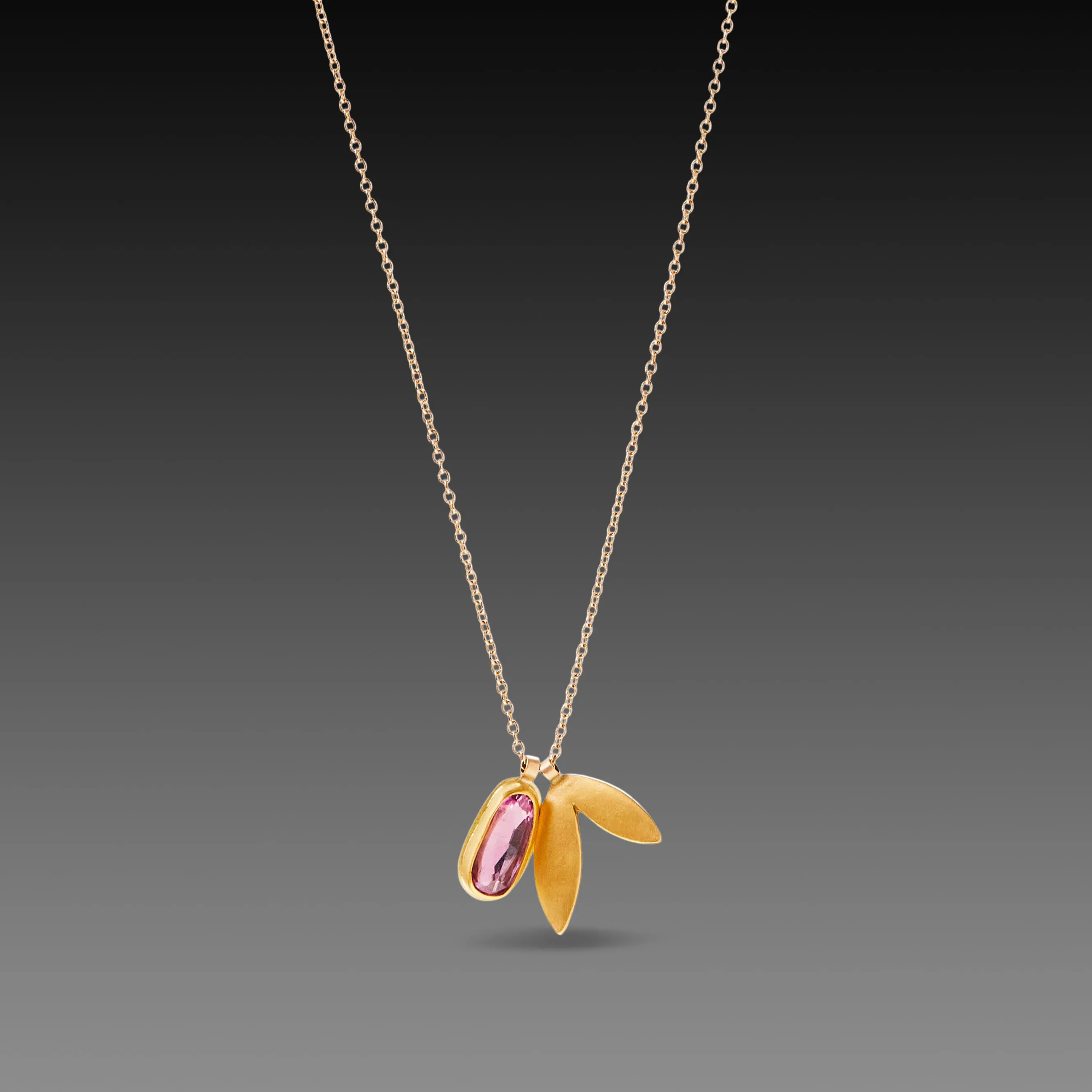 Pink Sapphire and 22k Leaf Charm Necklace