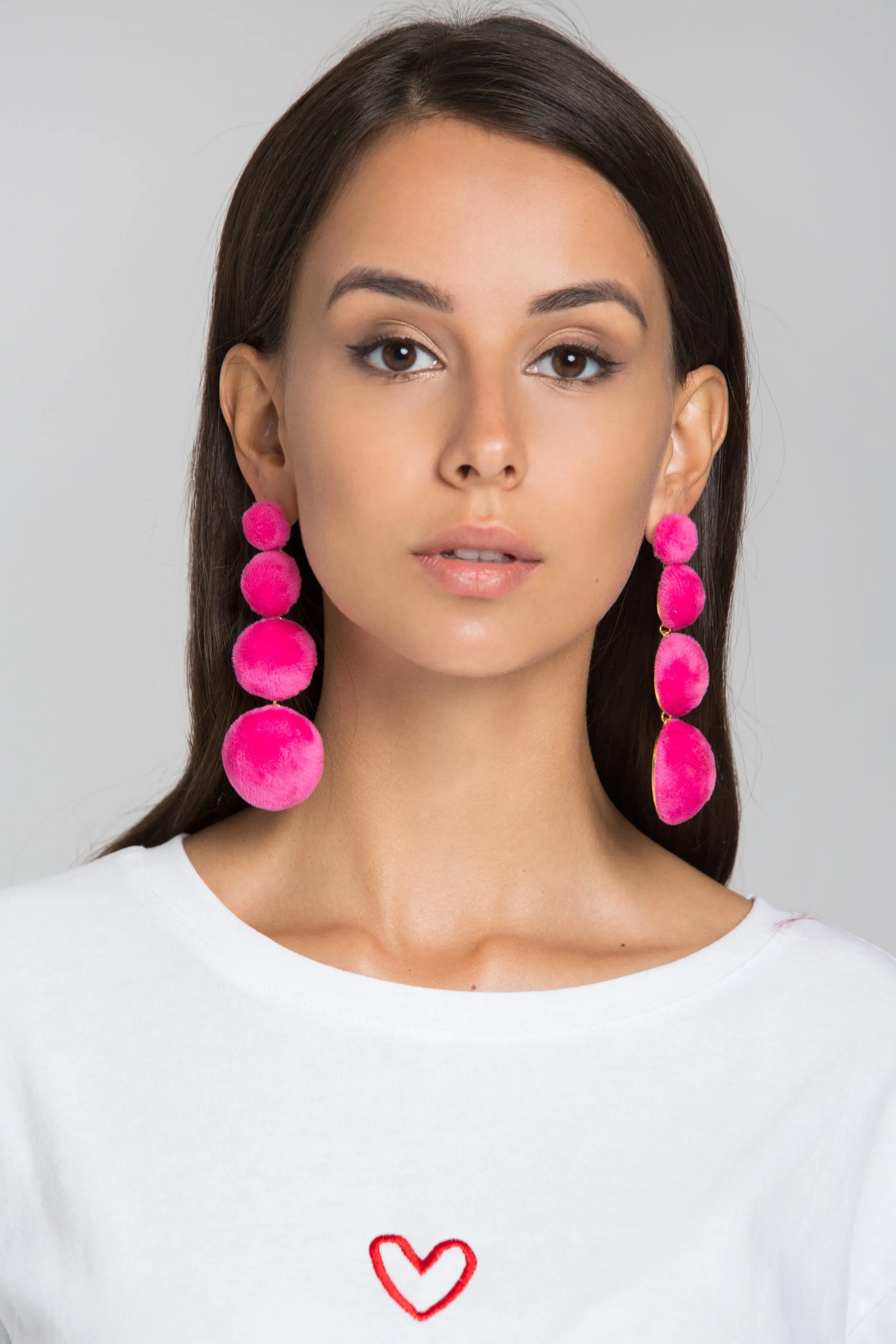 Pink Tiered Fur Button Earrings