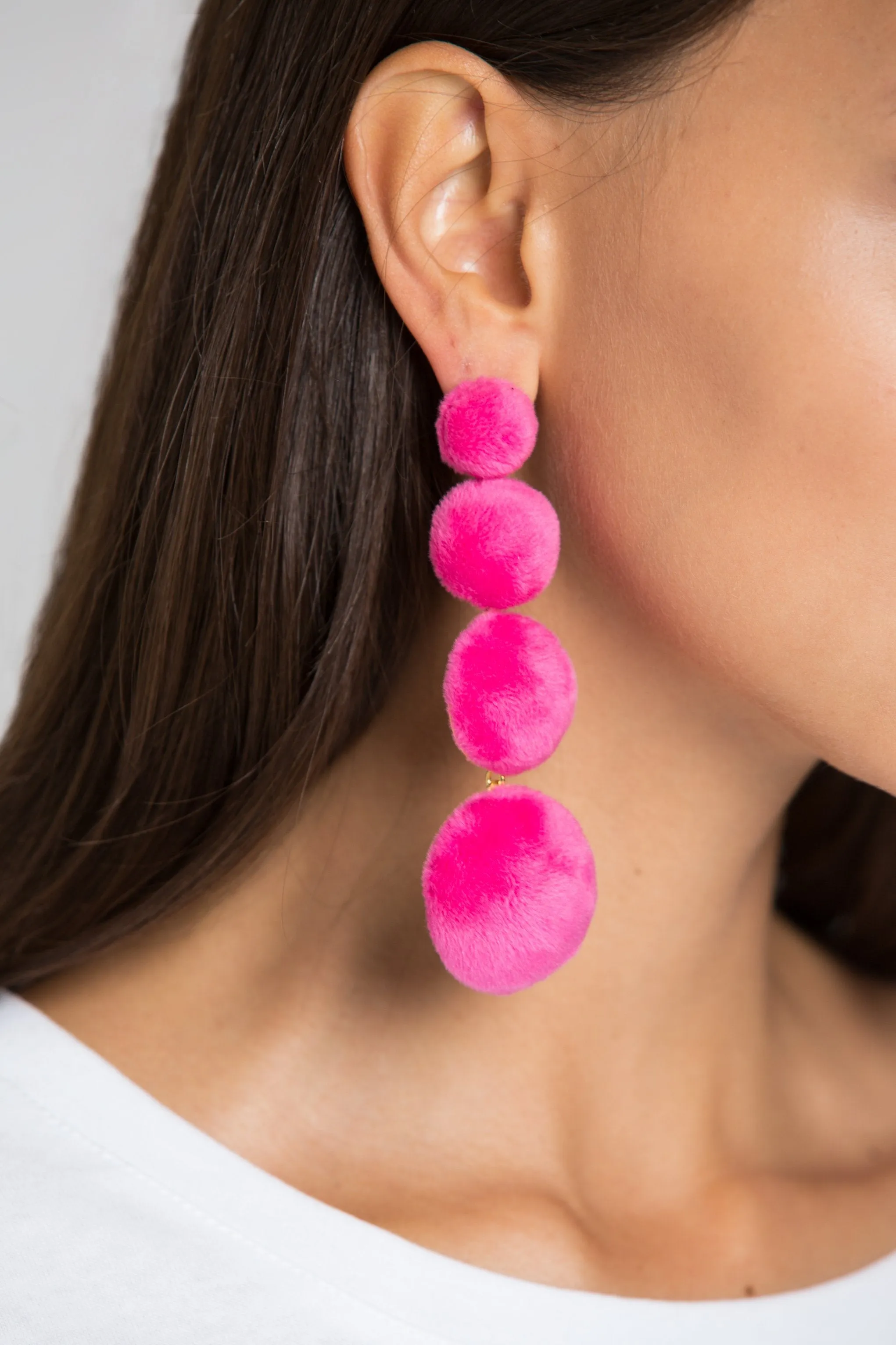 Pink Tiered Fur Button Earrings