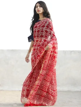 Red and White  Hand Block Printed Chiffon Saree with Zari border- S031702710