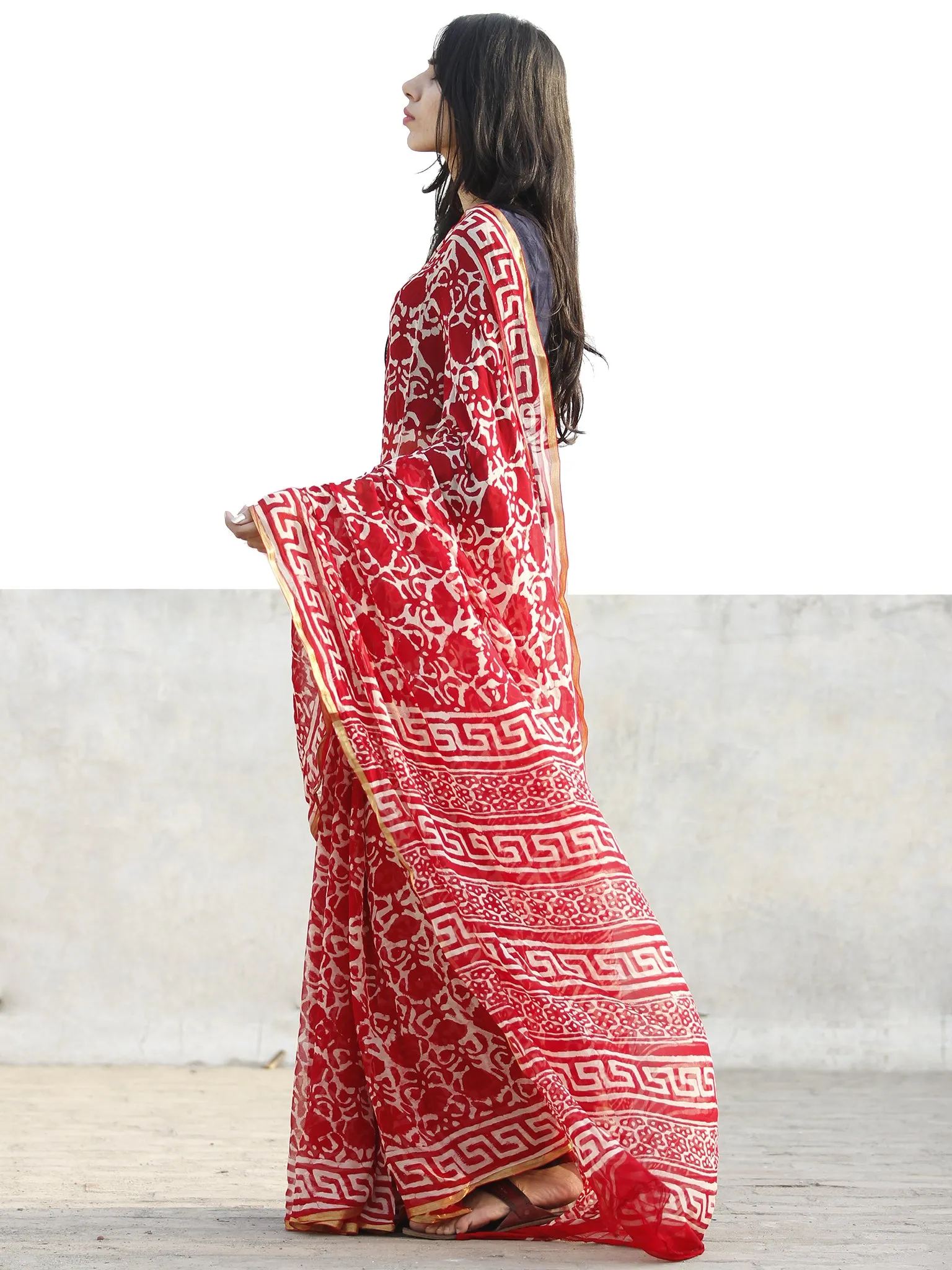Red and White  Hand Block Printed Chiffon Saree with Zari border- S031702710