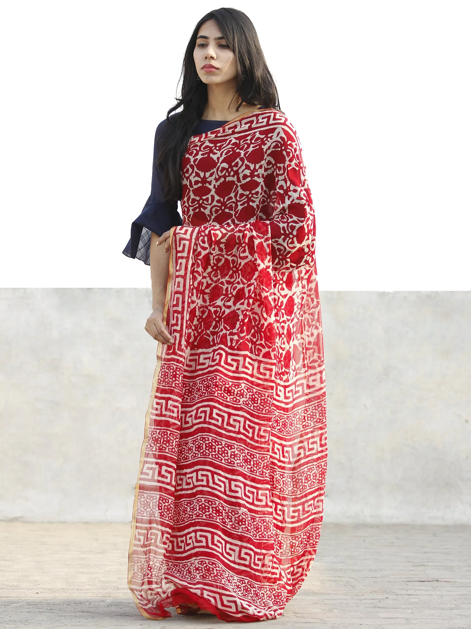 Red and White  Hand Block Printed Chiffon Saree with Zari border- S031702710