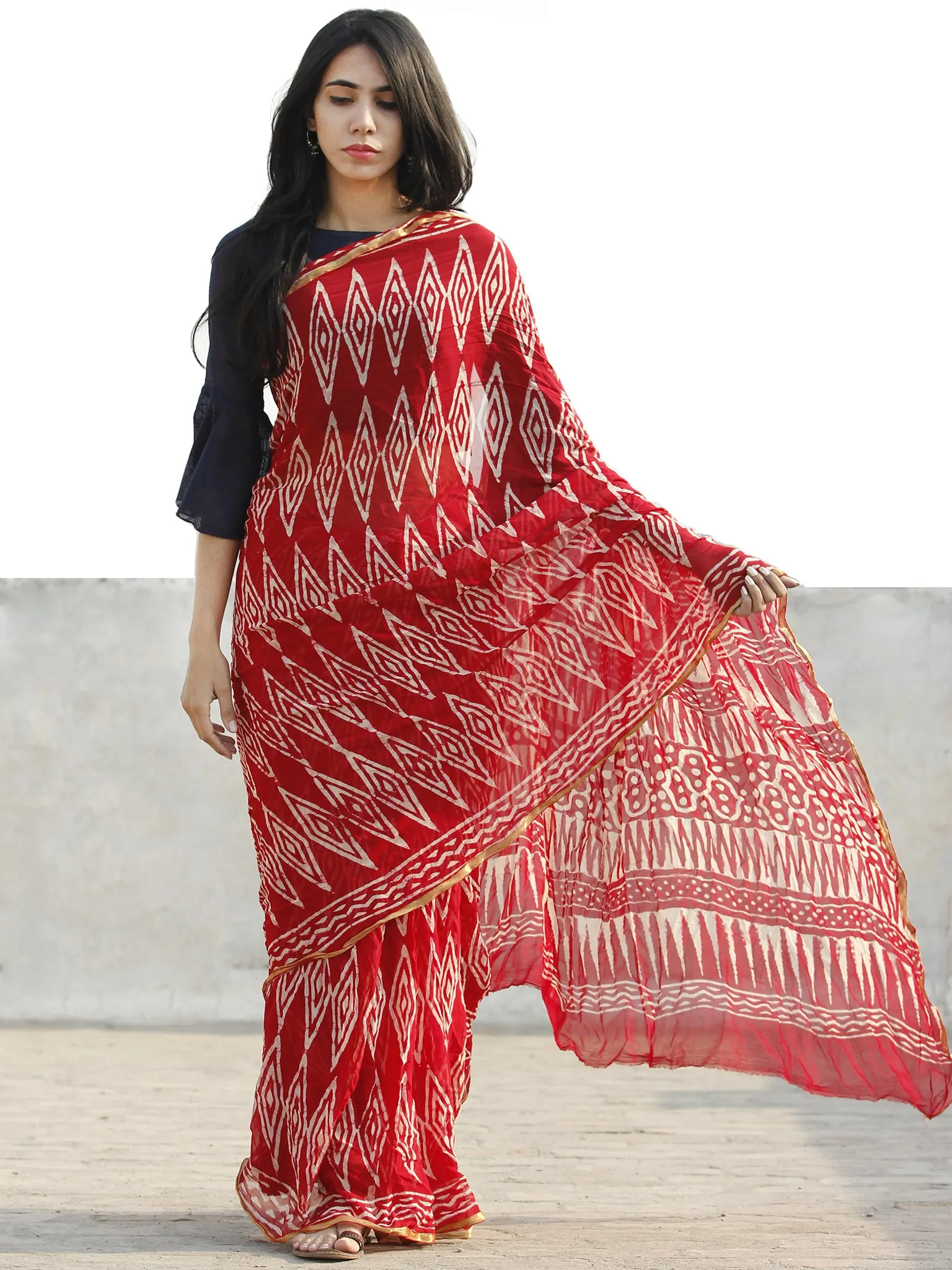 Red  White Hand Block Printed Chiffon Saree with Zari border- S031702692