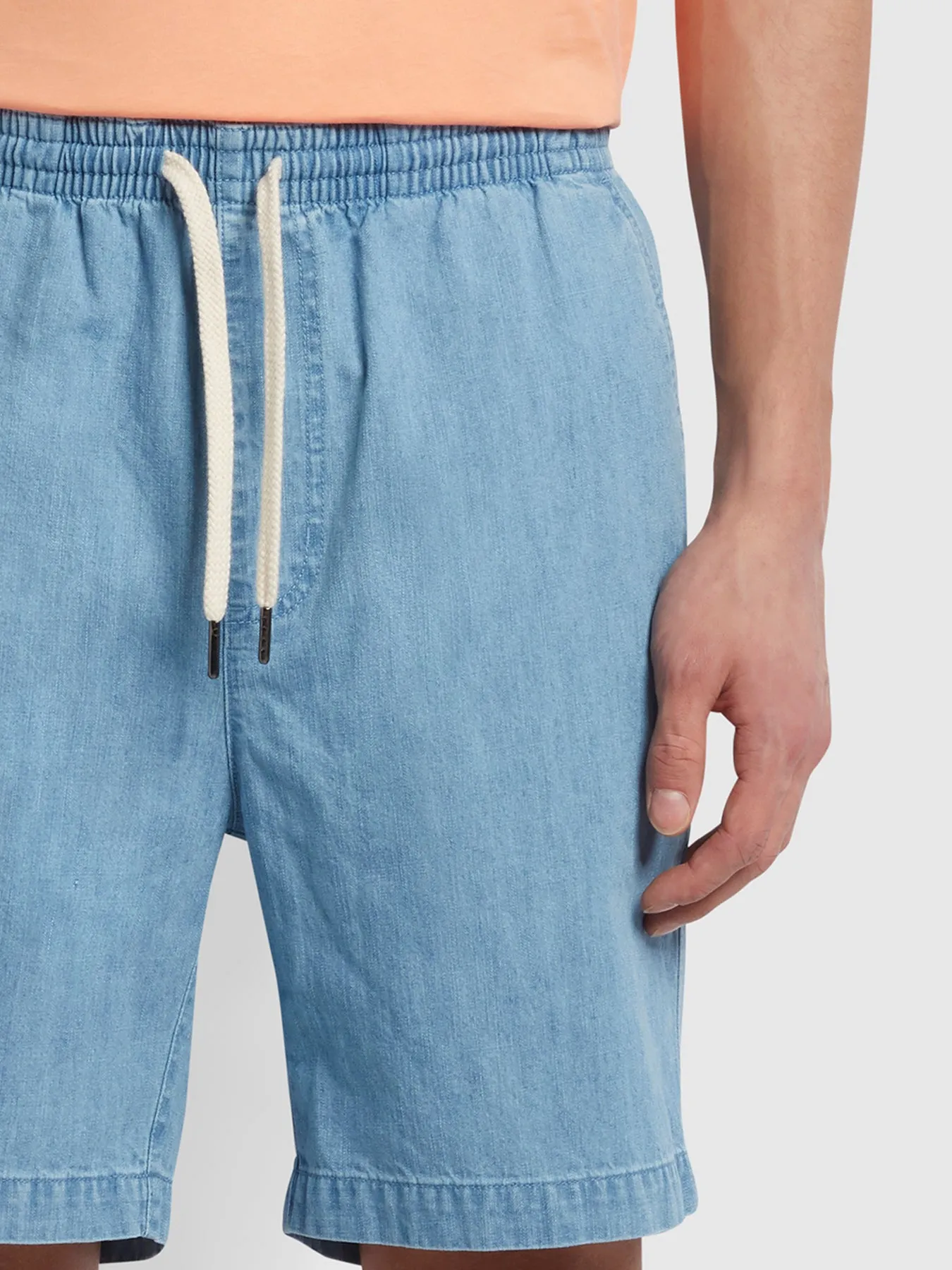 Redwald Organic Denim Drawstring Shorts In Stone Wash