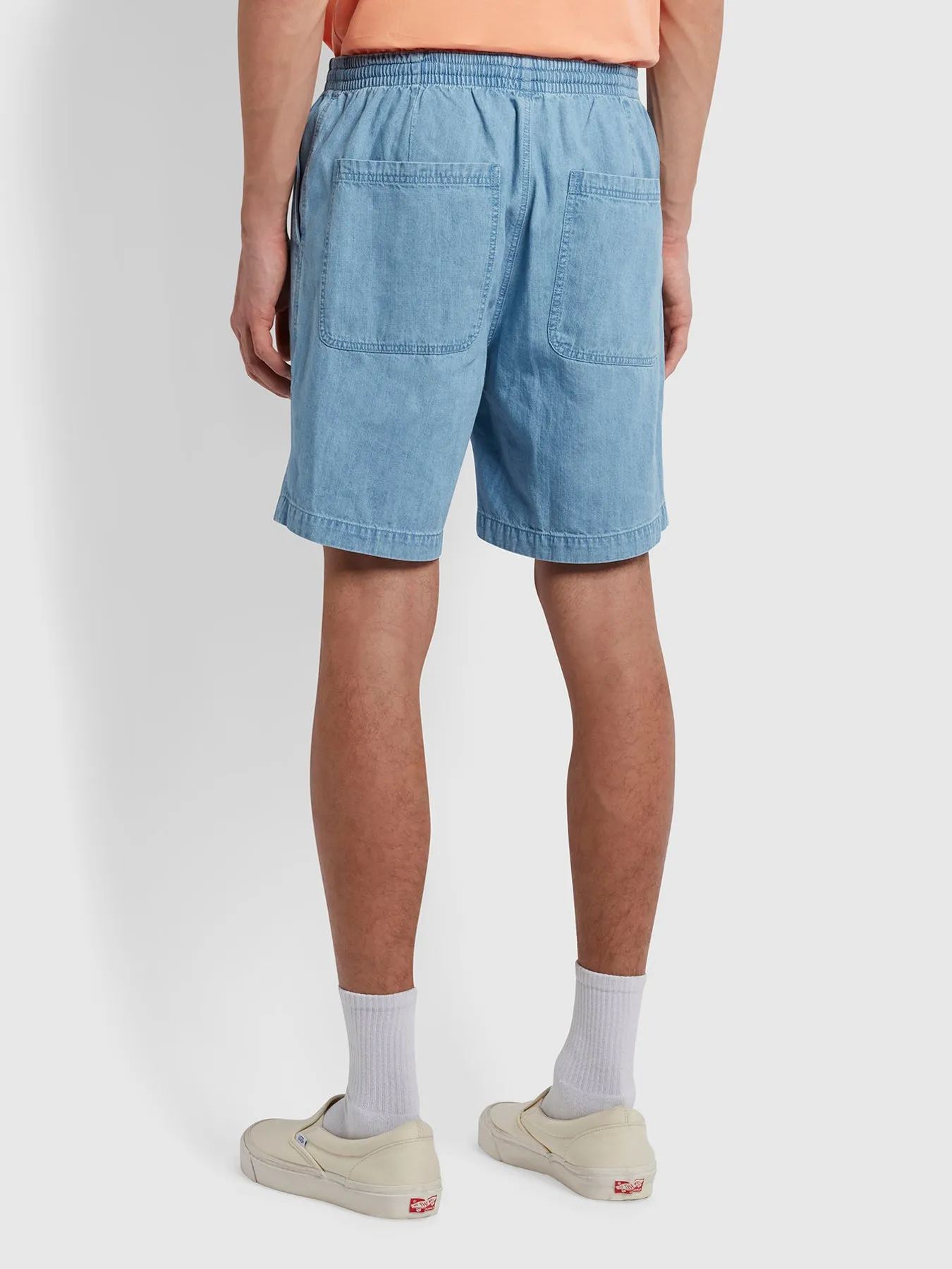 Redwald Organic Denim Drawstring Shorts In Stone Wash