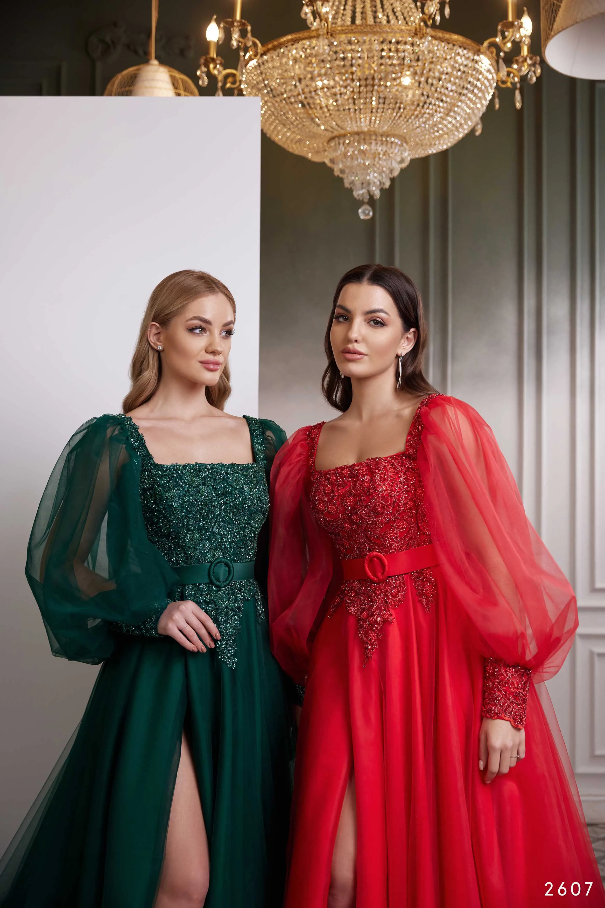 Romantic Square Neck Long Sleeve Bridesmaid Dress with a Slit