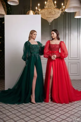 Romantic Square Neck Long Sleeve Bridesmaid Dress with a Slit