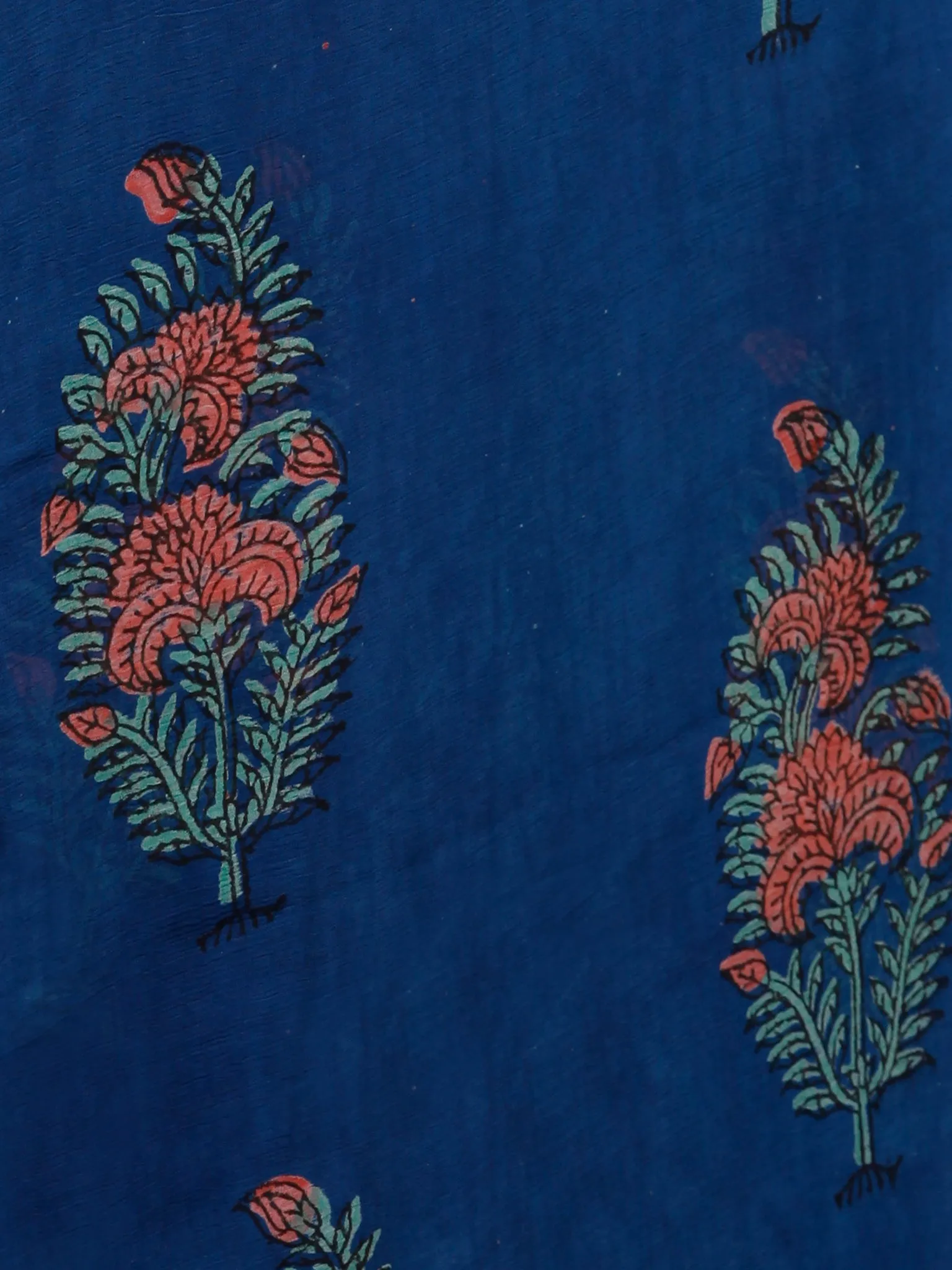 Royal Blue Coral Green Hand Block Printed Chiffon Saree with Zari Border - S031703240