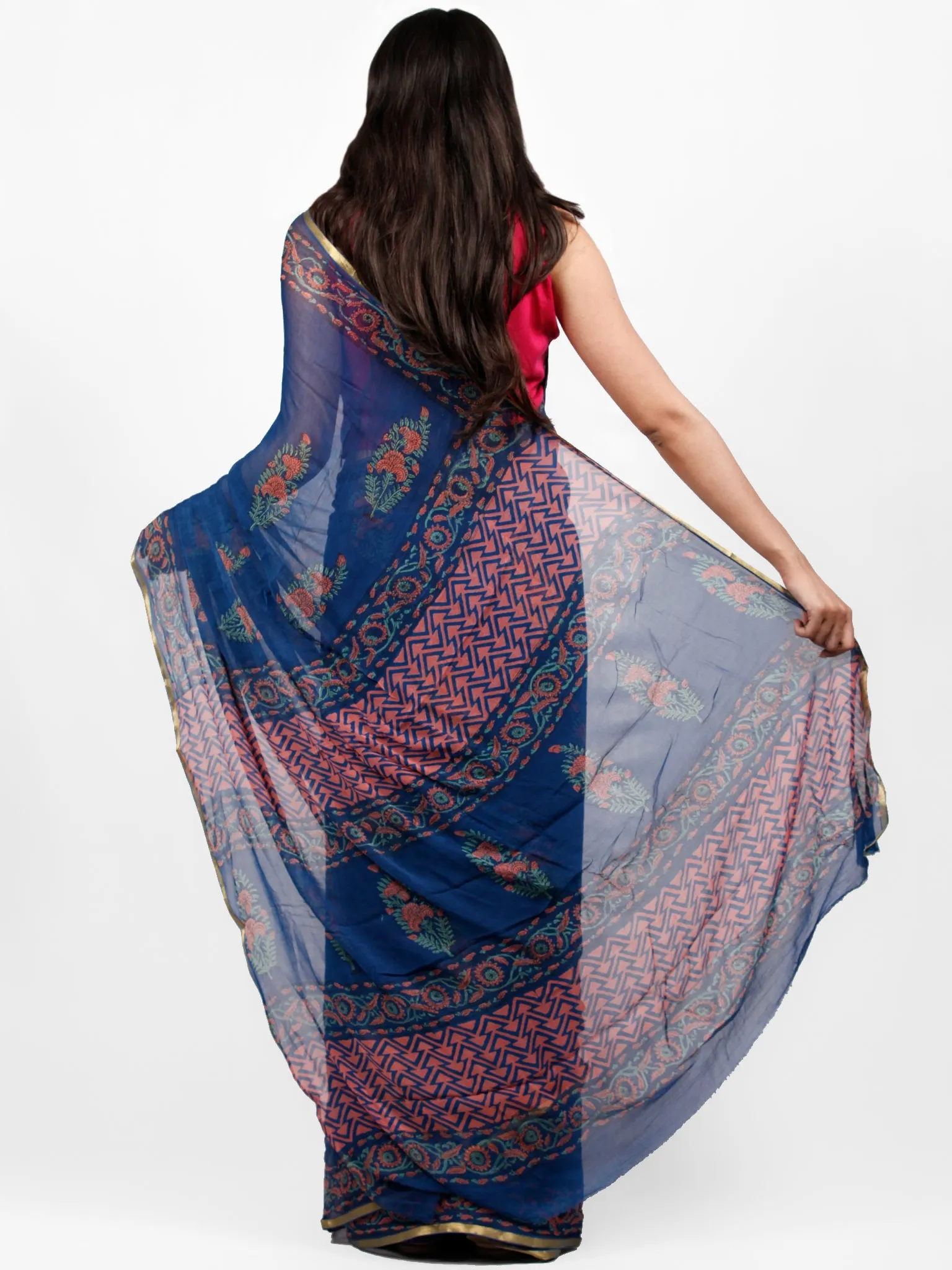 Royal Blue Coral Green Hand Block Printed Chiffon Saree with Zari Border - S031703240