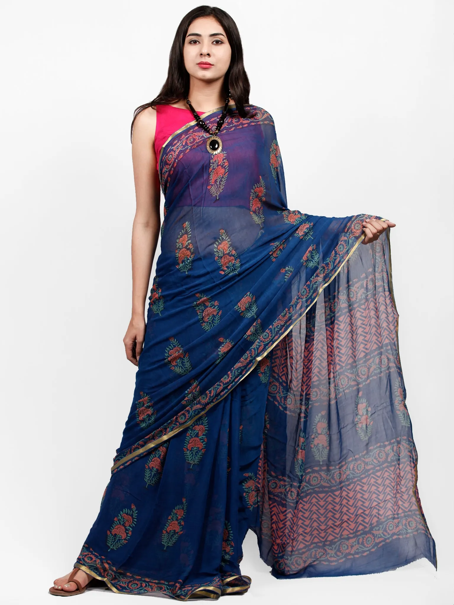 Royal Blue Coral Green Hand Block Printed Chiffon Saree with Zari Border - S031703240