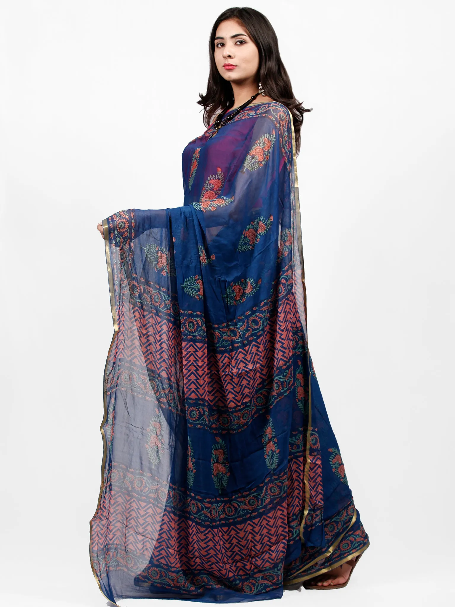 Royal Blue Coral Green Hand Block Printed Chiffon Saree with Zari Border - S031703240