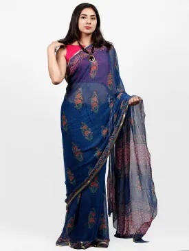 Royal Blue Coral Green Hand Block Printed Chiffon Saree with Zari Border - S031703240