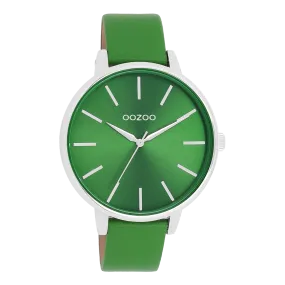 Silver coloured OOZOO watch with green leather strap - C11297