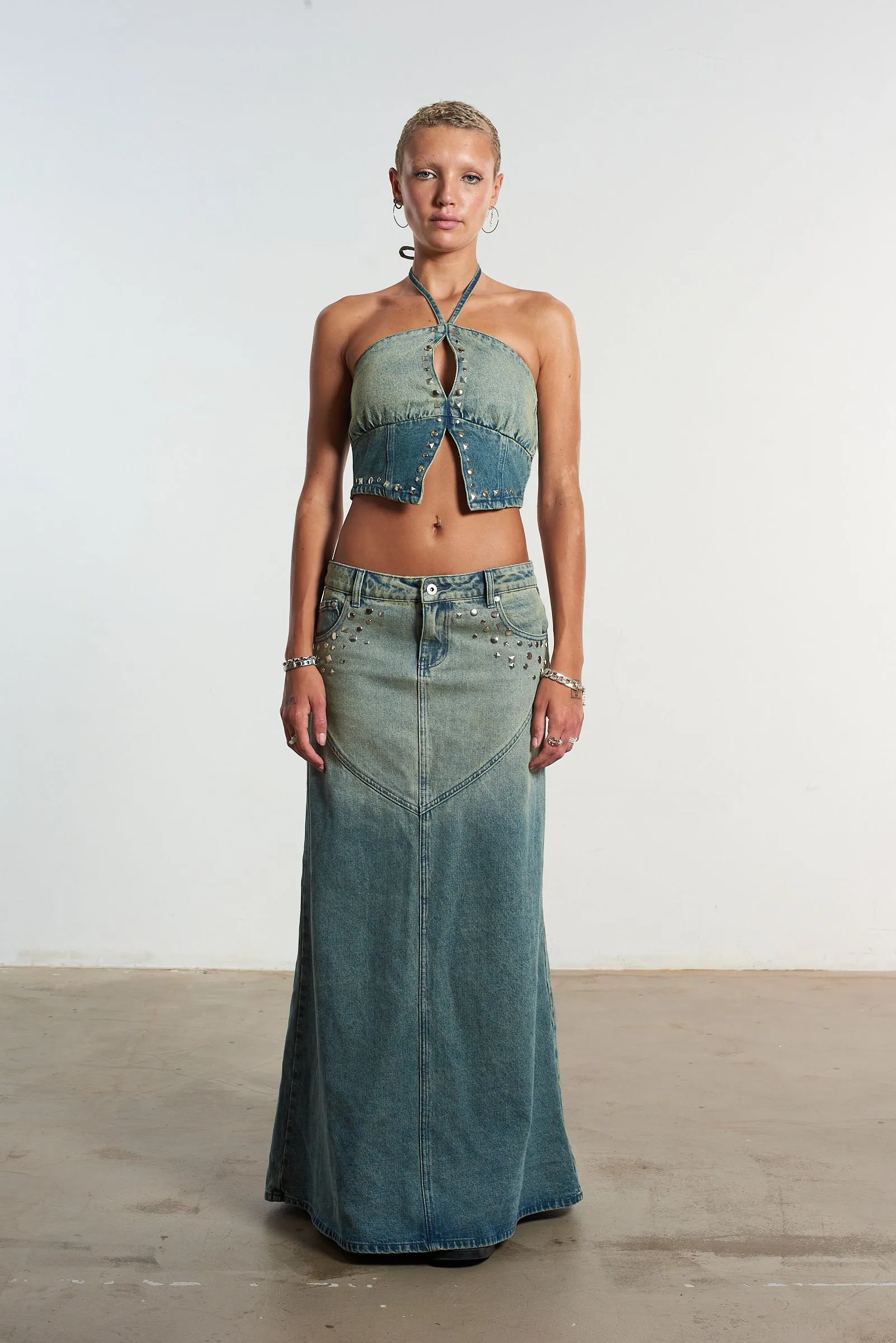Siren Stud Halter Denim Top