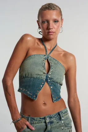 Siren Stud Halter Denim Top