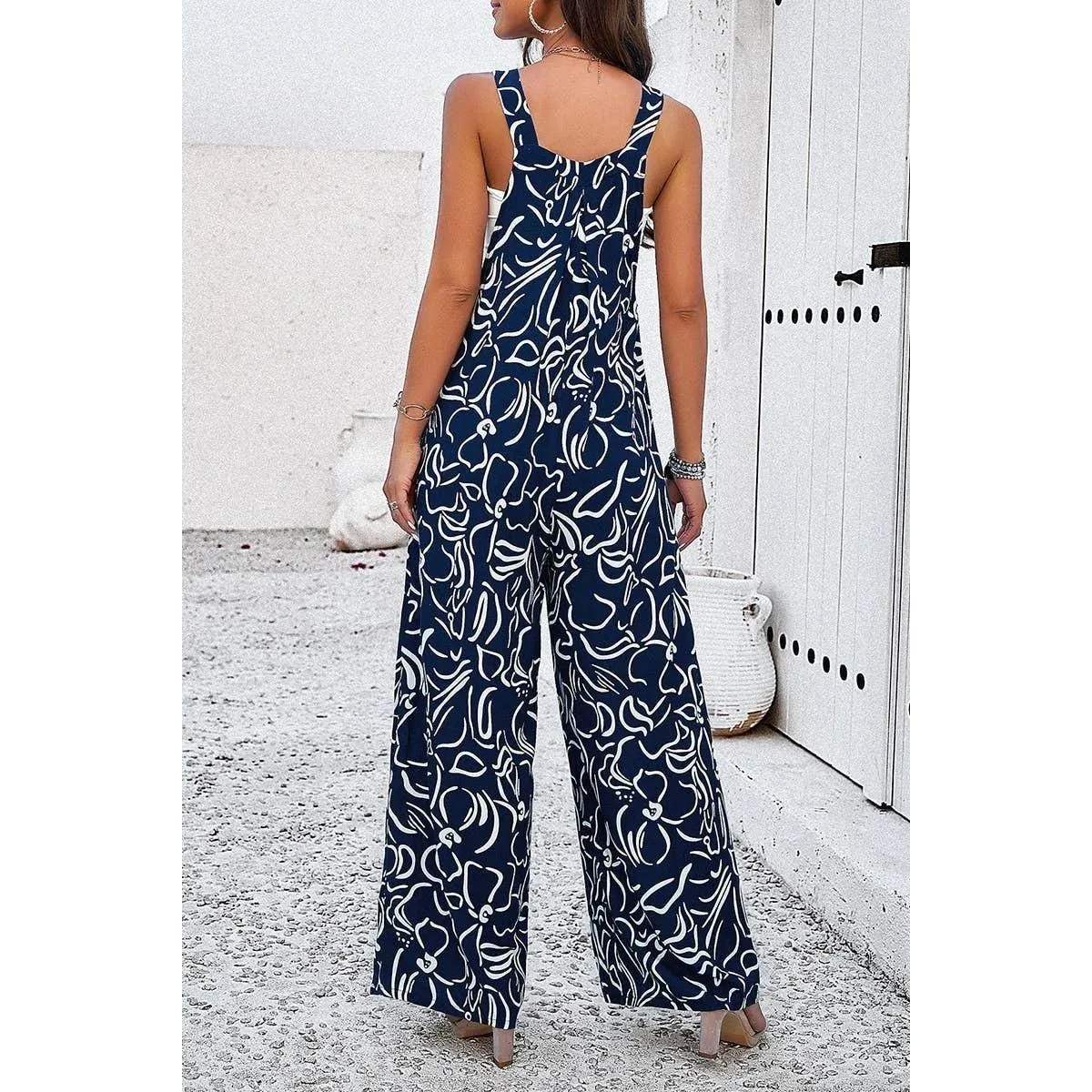 Sleeveless Button Wide Leg Pockets Jumpsuit, Navy