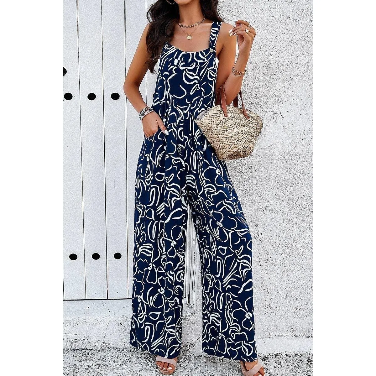 Sleeveless Button Wide Leg Pockets Jumpsuit, Navy
