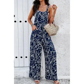 Sleeveless Button Wide Leg Pockets Jumpsuit, Navy