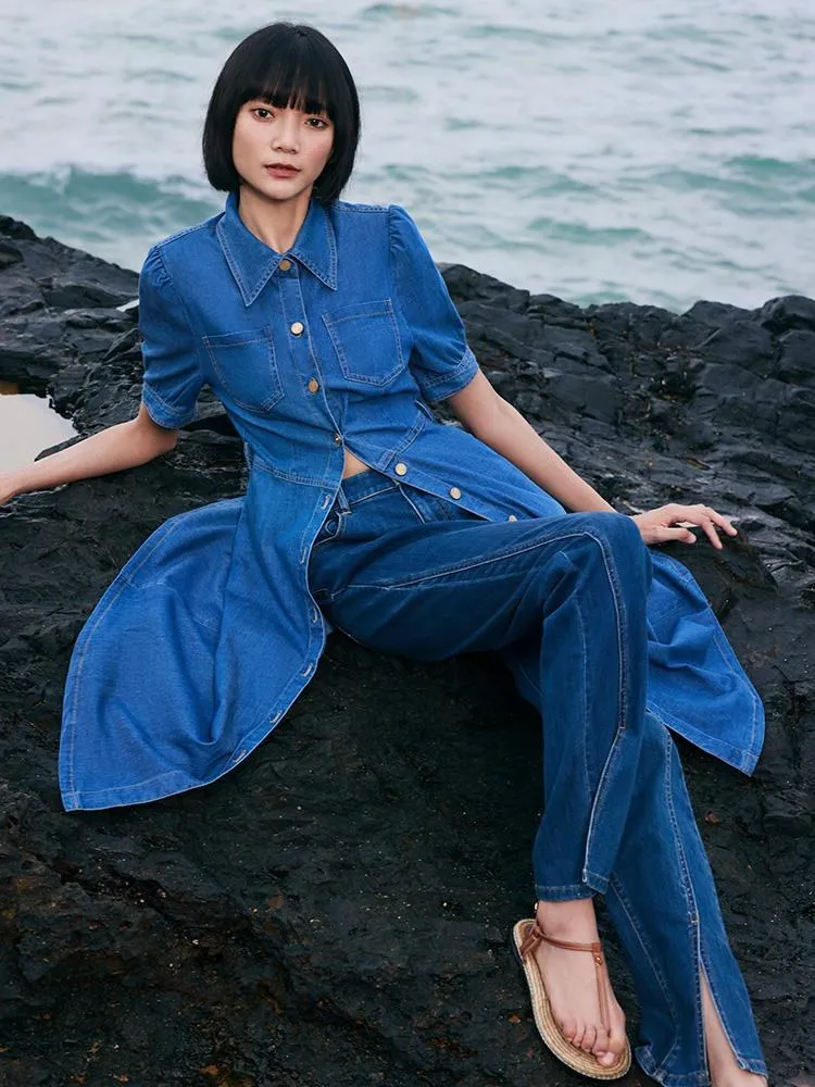 Tencel Denim Shirt Midi Collared Dress With Belt