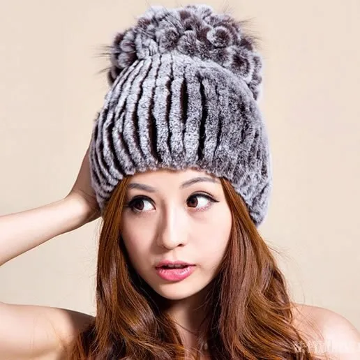 Winter Fur Hat Real REX Rabbit Fur Hat Women Cap Beanie Headgear 14675