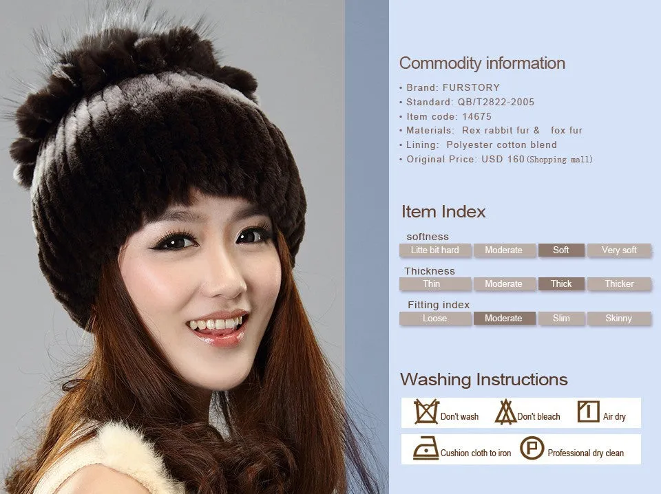 Winter Fur Hat Real REX Rabbit Fur Hat Women Cap Beanie Headgear 14675
