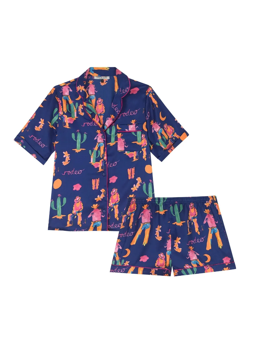 Womens Satin Shortie Pyjamas Navy Neon Cowboy